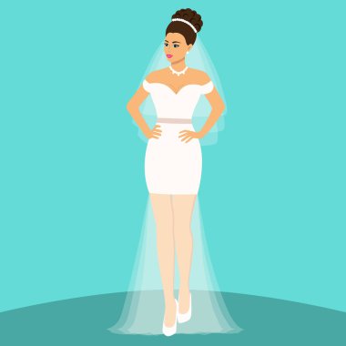 Gelin. Düğün kartı ile mavi bir arka plan üzerine gelin. Gelin gelinlik. Giysi. Vektör çizim.