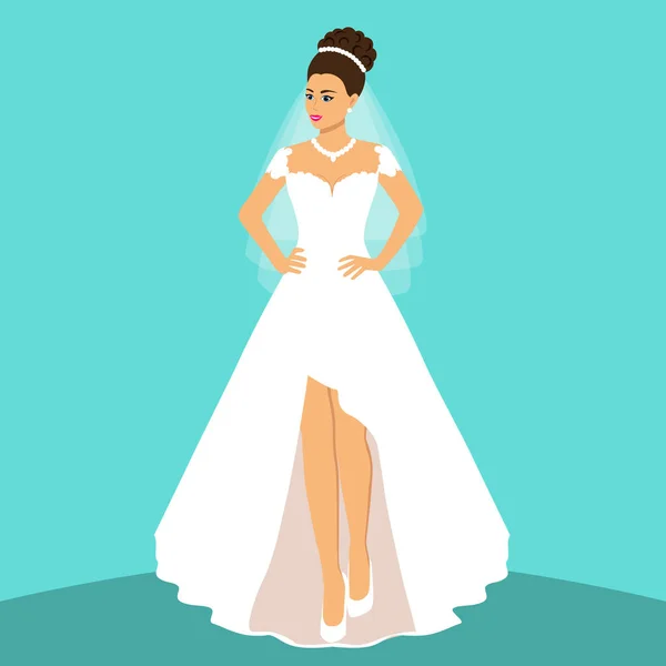 青色の背景に花嫁と結婚式のカード ウェディング ドレスの花嫁 ベクトル図 — ストックベクタ