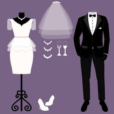 Gelin ve damat elbiseleri ile düğün kartı.