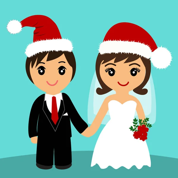 Bruid en bruidegom. Bruiloft kaart met de pasgetrouwden in Kerstmis ha — Stockvector