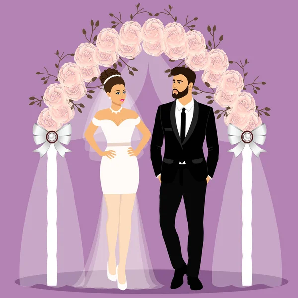 婚礼拱门与新娘和新郎。新娘和新郎. — 图库矢量图片