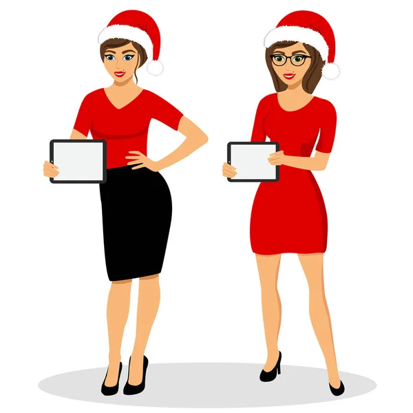 Рождественская распродажа Девушка с планшетным ПК. Девушка с ipad . — стоковый вектор