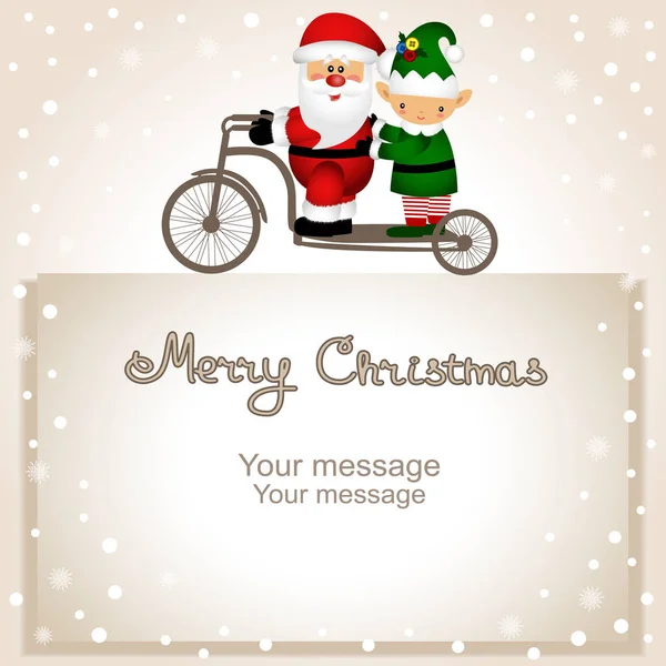 Cartão de Natal. Papai Noel e elfo em uma bicicleta — Vetor de Stock