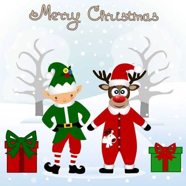 Biglietto di Natale. Cartolina divertente con Elfo di Natale e Natale — Vettoriale Stock