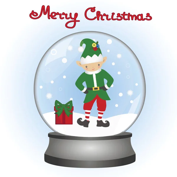 Christmas card. Christmas Elf in a snow globe. A toy. — Stock Vector