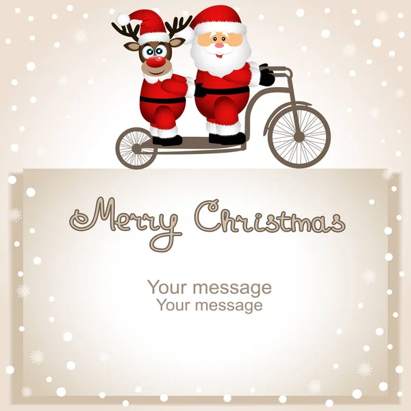Tarjeta de Navidad. Santa Claus y renos de Navidad en bicicleta . — Vector de stock