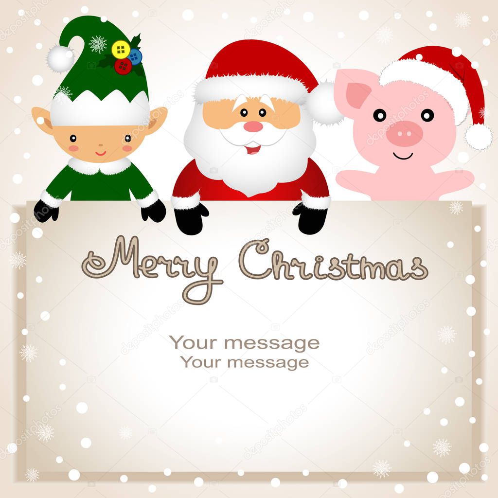 Christmas card. Funny postcard with Christmas Elf, pig and Santa
