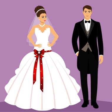 Gelin ve damat. Çift. Düğün kartı ile yeni evliler.