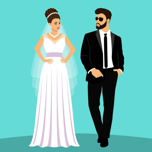Gelin ve damat. Çift. Düğün kartı ile yeni evliler.