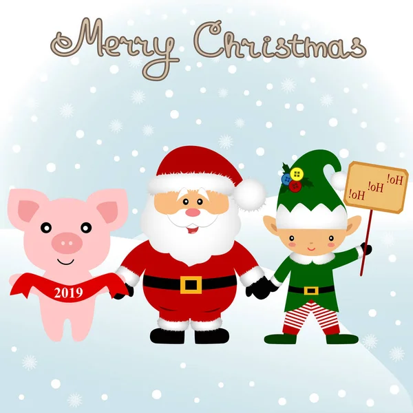 Biglietto di Natale. Cartolina divertente con l'elfo di Natale, maiale di Natale — Vettoriale Stock