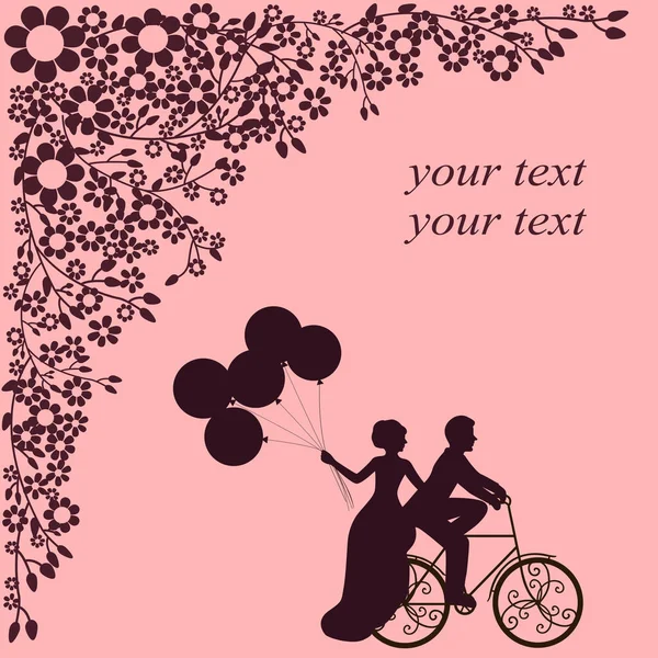 Alla hjärtans dag. Vykort för alla hjärtans dag. Ett älskande par på cykel. — Stock vektor