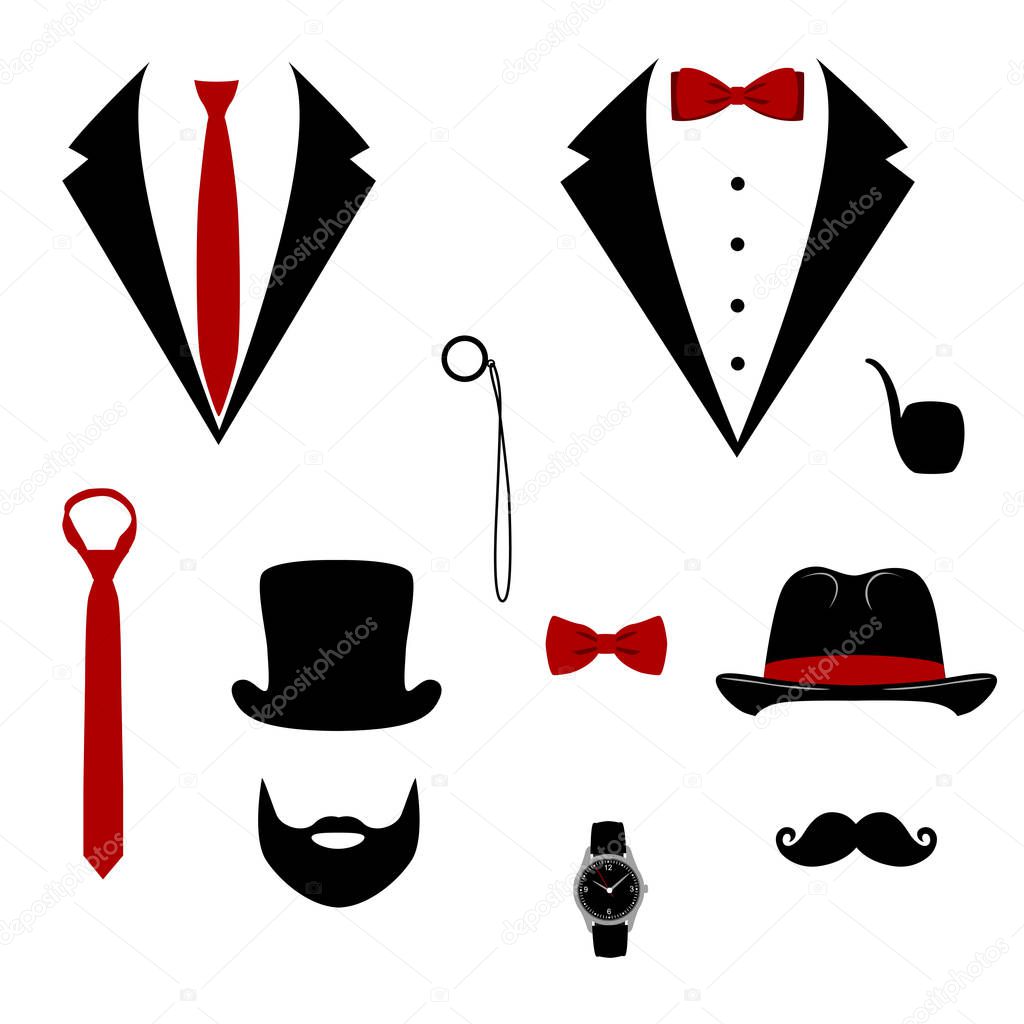 Men s tuxedo. Mustache, monocle, beard, pipe and top hat. Weddind suits with bow tie and with necktie. Vector illustration