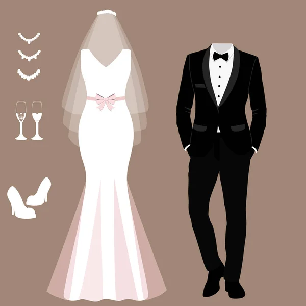 Cartão de casamento com as roupas da noiva e do noivo. Conjunto de casamento . — Vetor de Stock