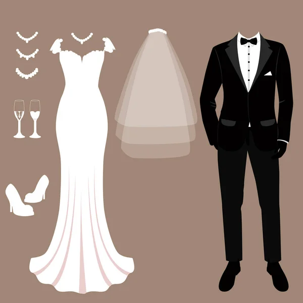 Gelin ve damat elbiseleri ile düğün kartı. Düğün set. 