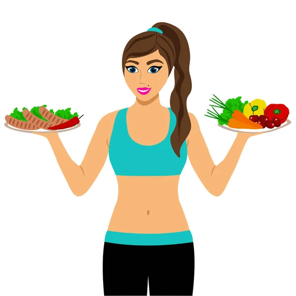Healthy Lifestyle. The choice. Thin woman. Proper nutrition. — Stock Vector