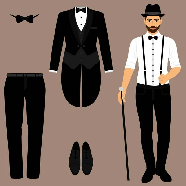 Mannen s smoking. Gentleman. Mannen s accessoires. Bruiloft mannen s set. — Stockvector