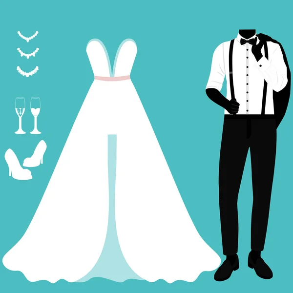 Tarjeta de boda con la ropa de la novia y el novio. Conjunto de boda . — Archivo Imágenes Vectoriales