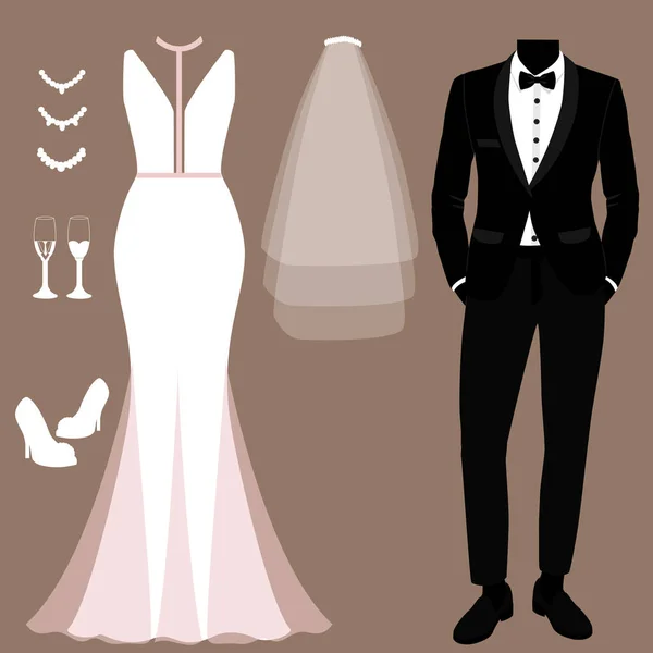 Tarjeta de boda con la ropa de la novia y el novio. Conjunto de boda . — Vector de stock