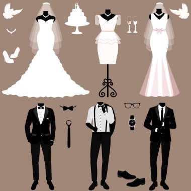 Gelin ve damat elbiseleri ile düğün kartı. Düğün set.