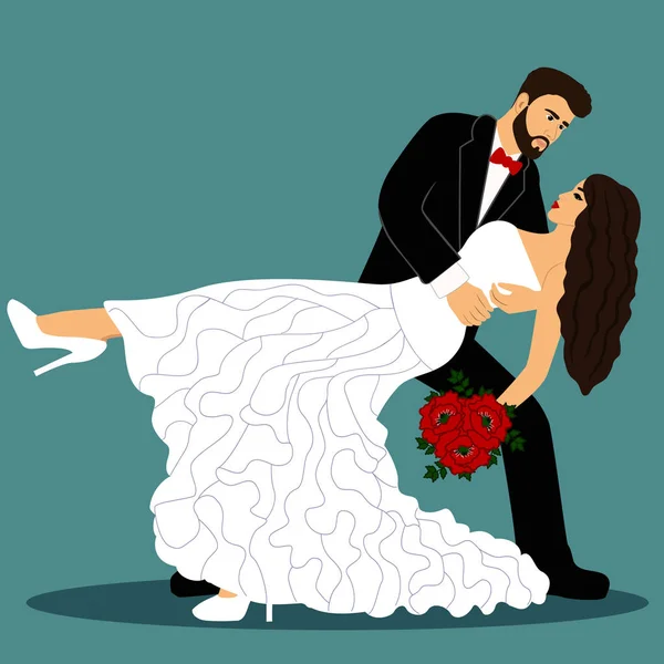 Νύφη και γαμπρός. Ένα ζευγάρι χορεύει. Γαμήλια κάρτα με τους νεόνυμφους. — Διανυσματικό Αρχείο