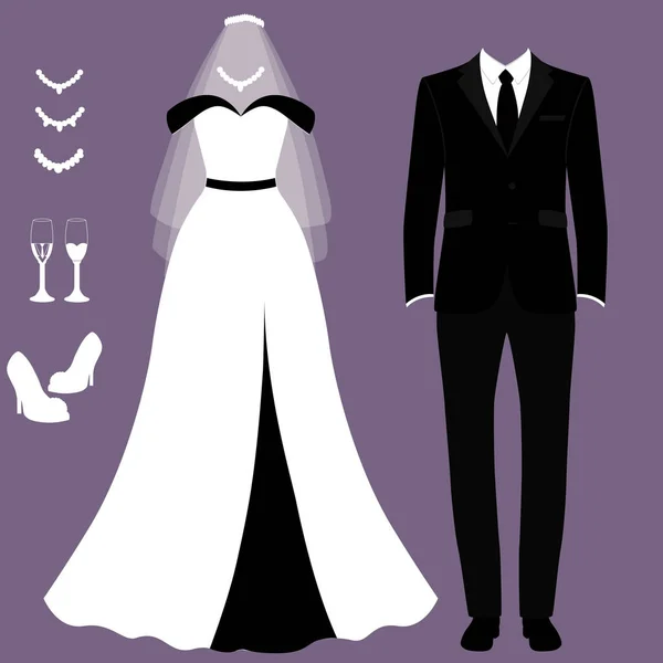 Tarjeta de boda con la ropa de la novia y el novio. Conjunto de boda . — Vector de stock