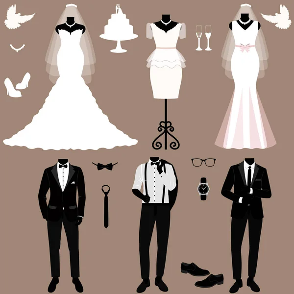 Tarjeta de boda con la ropa de la novia y el novio. Conjunto de boda . — Vector de stock