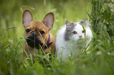 kedi ve köpek güneşli bir günde sokakta yürümek
