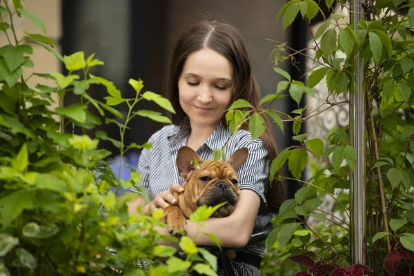 フレンチブルドッグの子犬を持つ女の子は、カフェテラスに座って — ストック写真