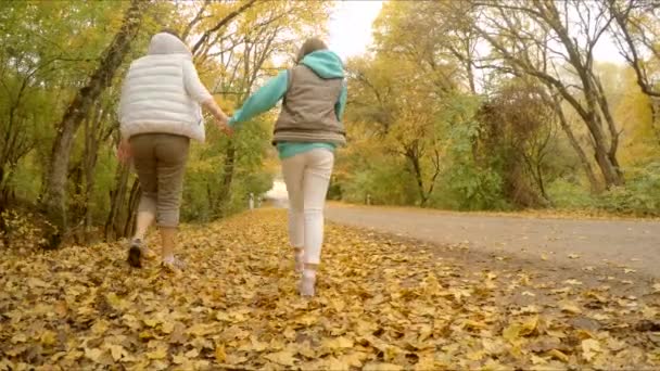 Family running along the road by the foliage — Stock Video