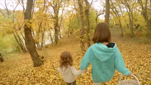 Children Walk Autumn Forest Stop Play Yellow Foliage — Stock Video