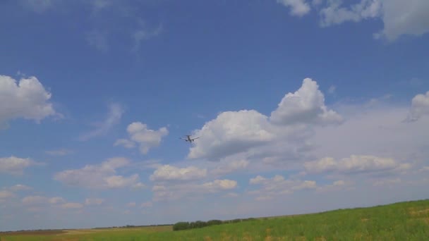 The plane flies over the field — Stock Video