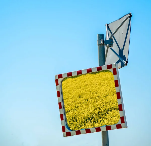 Pole znásilnění v dopravním zrcadle — Stock fotografie