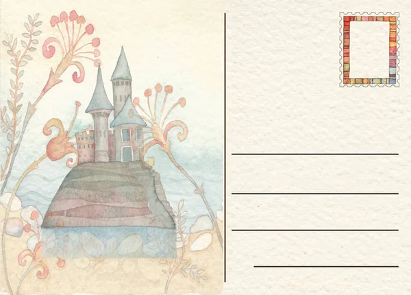 Cartão Postal Retrocedido Mão Com Castelo — Fotografia de Stock