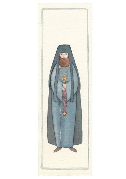 Hand Drawn Back Postcard Archimandrite Byzantine Priest Watercolor Illustration — Stock Photo, Image