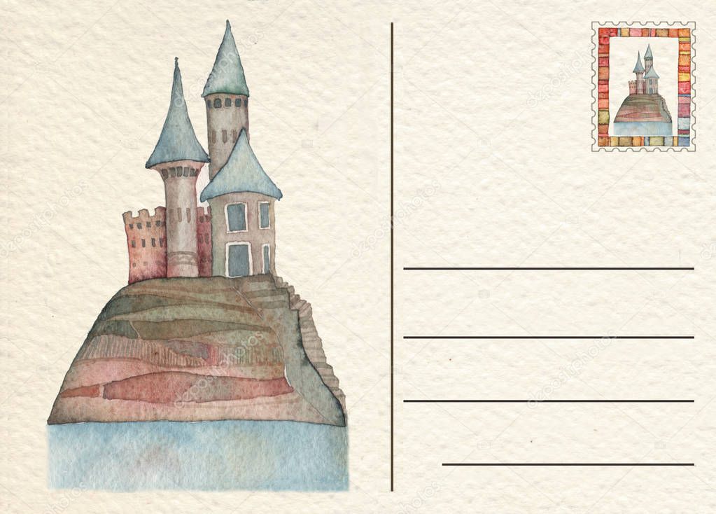 Hand drawn back postcard with Castle