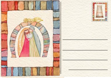 Elle çizilmiş arka kartpostal Christmas Doğum sahnesi ve melek