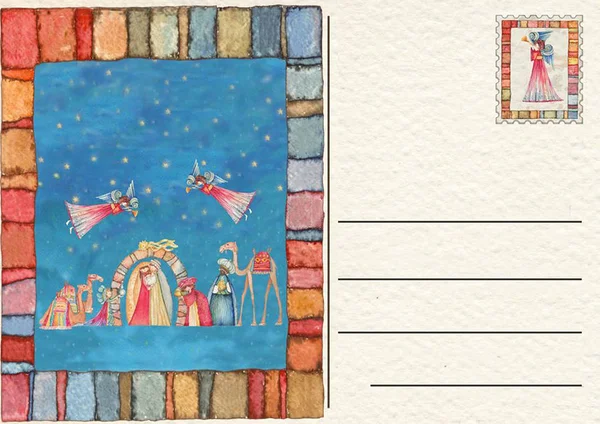 Hand Drawn Back Postcard Christmas Nativity Scene Ange — Stock Photo, Image