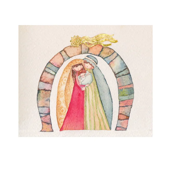Hand Drawn Back Postcard Christmas Nativity Scene Ange — Stock Photo, Image