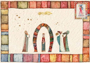 El çizimi Noel İsa 'nın doğumu sahnesi ve Magi' ye Tapma.