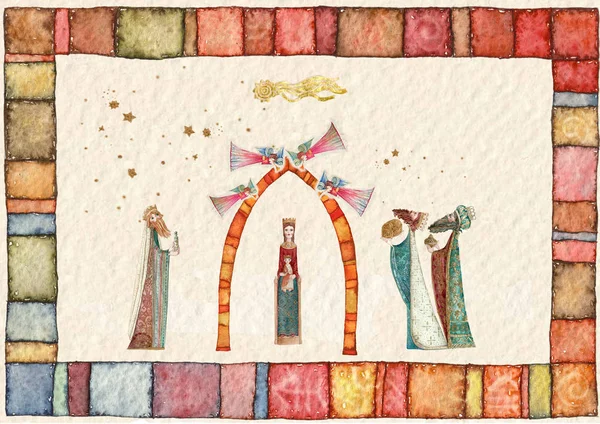 Hand Drawn Back Postcard Christmas Nativity Scene Adoration Magi — Stock Photo, Image