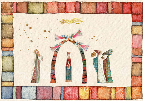 Hand drawn back postcard with Christmas nativity scene and Angel