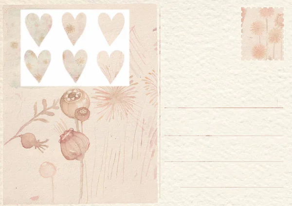 Carte Postale Tirée Main Avec Des Coeurs Fleurs — Photo