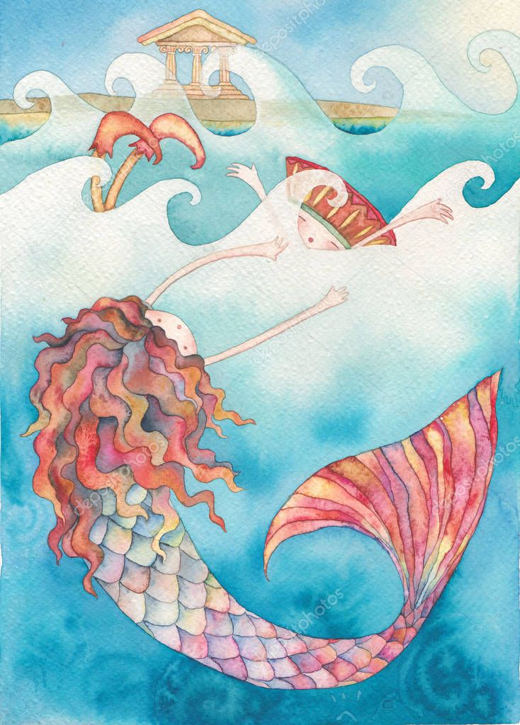story of mermaid , watercolor illustration