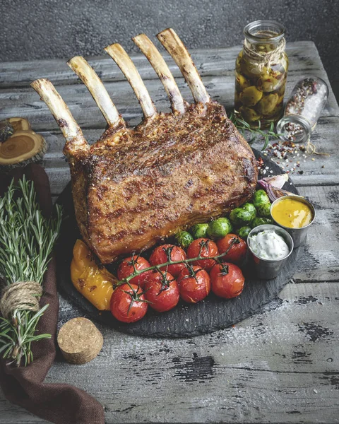 Grilled Roasted Rack Lamb Veal Chops Vegetables — Stock Photo, Image