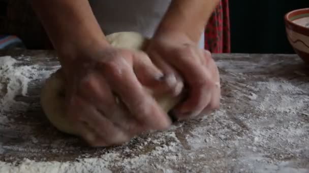 Dough Preparation Process Knead Hands Woman Cooks Food — Stock Video