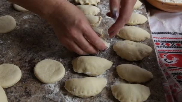 Kvinna Händer Sätter Dumplings Bordet — Stockvideo