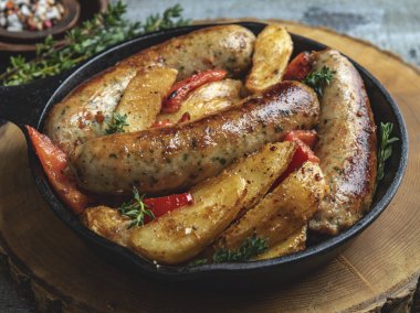 patates kızartması ve bir demir tavada biber tavuk sosis ızgara