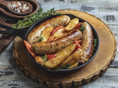 patates kızartması ve bir demir tavada biber tavuk sosis ızgara