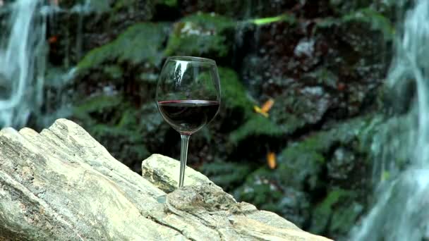 赤ワインのグラスは 滝のある岩を背景に木製の表面に立っています — ストック動画
