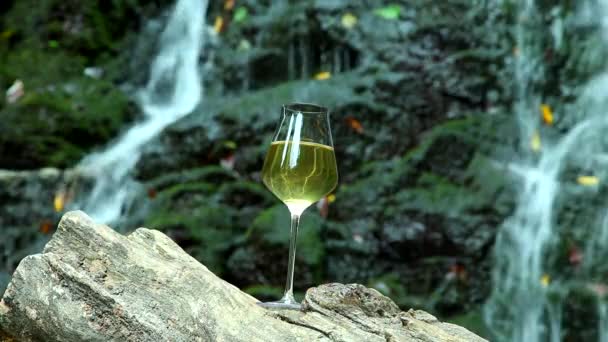 Copa Vino Blanco Encuentra Una Superficie Madera Fondo Una Roca — Vídeo de stock